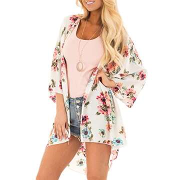 PINKMSTYLE Womens Floral Print Kimono Cardigan Loose Swimsuit Coverup Casual Beach Bathing Suit Tops Apricot Small
