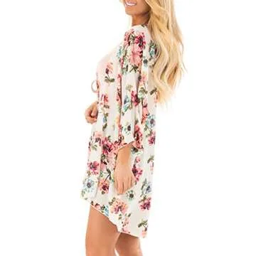 PINKMSTYLE Womens Floral Print Kimono Cardigan Loose Swimsuit Coverup Casual Beach Bathing Suit Tops Apricot Small