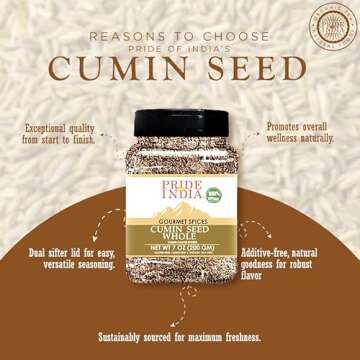 Pride of India – Cumin Seed Whole – Gourmet Indian Spice – Excellent for Culinary Uses – Fresh and Quality Seeds – Adds Flavor & Aroma - Easy to Store – 8 oz. Medium Dual Sifter Bottle