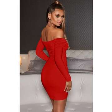 XXTAXN Women's Sexy Elegant Long Sleeve Off The Shoulder Ruched Mini Dress Red