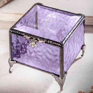Personalized Quinceanera Jewlery Box Engraved Glass Keepsake Box Birthday Gift for Daughter, Granddaughter, Girl, Friend Anos 15 Mis Quince J Devlin Box EB249 (Purple)