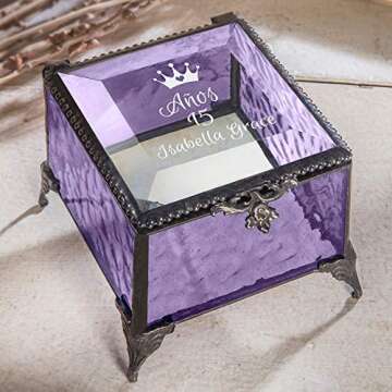 Personalized Quinceanera Jewlery Box Engraved Glass Keepsake Box Birthday Gift for Daughter, Granddaughter, Girl, Friend Anos 15 Mis Quince J Devlin Box EB249 (Purple)