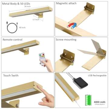 Rechargeable Picture Lights with Remote, 16" Battery Operated Painting Light Display Lamp with 3 Lig...