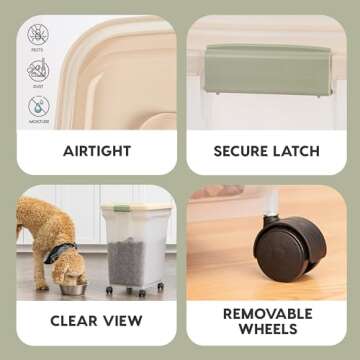 IRIS USA WeatherPro Airtight Dog Food Storage Container, Up to 58 lbs, Attachable Wheels, For Dog Cat Bird and Other Pet Food Storage Bin, Keep Fresh, Translucent Body, Clear/Almond