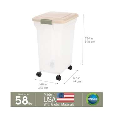 IRIS USA WeatherPro Airtight Dog Food Storage Container, Up to 58 lbs, Attachable Wheels, For Dog Cat Bird and Other Pet Food Storage Bin, Keep Fresh, Translucent Body, Clear/Almond