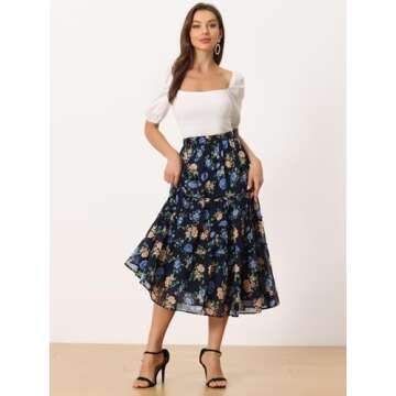Allegra K Women's Floral Skirts Chiffon A-line Long Tiered Ruffle Boho Midi Skirt XS-3XL Medium Navy