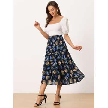 Allegra K Floral Tiered Ruffle Midi Skirt for Women