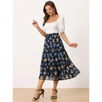 Allegra K Floral Tiered Ruffle Midi Skirt for Women