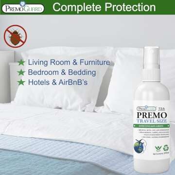 Travel Bed Bug & Mite Killer Spray by Premo Guard 3 oz – Child & Pet Safe – Fast Acting – Stain & Odor Free – Best Protection – Carryon Bag Approved