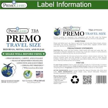 Travel Bed Bug & Mite Killer Spray by Premo Guard 3 oz – Child & Pet Safe – Fast Acting – Stain & Odor Free – Best Protection – Carryon Bag Approved