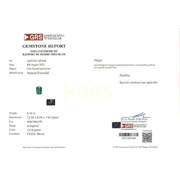 6.34 Carat Loose Natural Emerald, Viv Green Color, EM Shape, GRS Certified (2022-087068), Real Emera...