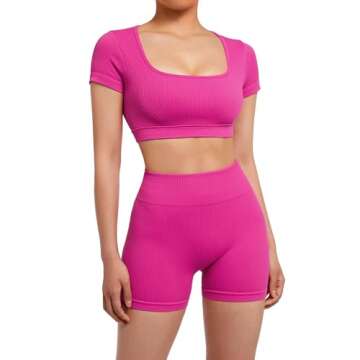SUUKSESS Open Back Short Sleeve Scrunch Butt Booty Shorts Seamless Ribbed Workout Sets 2 Piece Outfi...