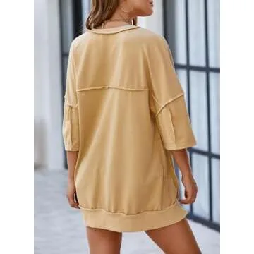 SHEWIN Oversized Tshirts for Women Trendy Casual Short Sleeve Shirts V Neck Comfy Cute Tops for Women Summer Tops A Khaki Medium
