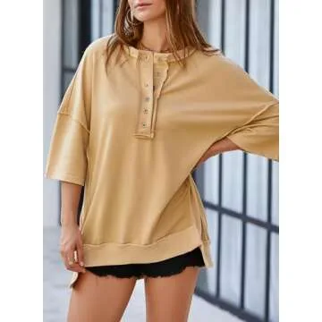 SHEWIN Oversized Tshirts for Women Trendy Casual Short Sleeve Shirts V Neck Comfy Cute Tops for Women Summer Tops A Khaki Medium