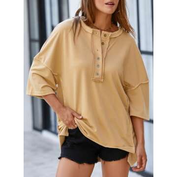 SHEWIN Oversized Tshirts for Women Trendy Casual Short Sleeve Shirts V Neck Comfy Cute Tops for Women Summer Tops A Khaki Medium