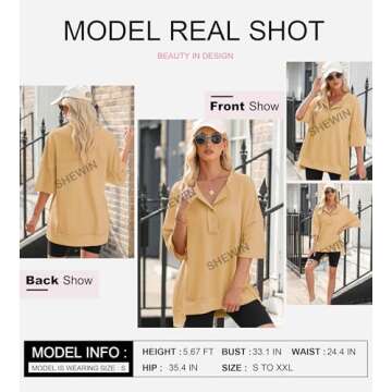 SHEWIN Oversized Tshirts for Women Trendy Casual Short Sleeve Shirts V Neck Comfy Cute Tops for Women Summer Tops A Khaki Medium