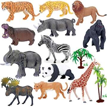 BOLZRA Safari Animals Figurines Toys with Activity Play Mat & Trees, Realistic Plastic Jungle Wild Zoo Animals Figures Playset with Elephant, Giraffe, Lion, Gorilla for Kids, Boys & Girls, 22 Piece