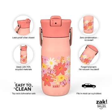 Zak Designs Harmony Kid Water Bottle for Travel or At Home, 14oz Recycled Stainless Steel is Leak-Proof When Closed and Vacuum Insulated (Flower)