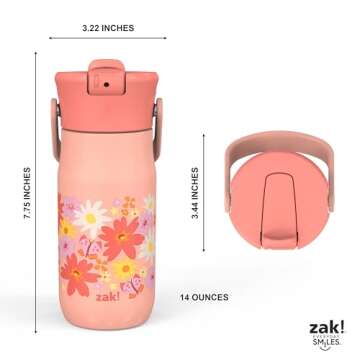 Zak Designs Harmony Kid Water Bottle for Travel or At Home, 14oz Recycled Stainless Steel is Leak-Proof When Closed and Vacuum Insulated (Flower)