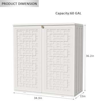 KINYING Outdoor Storage Cabinet Waterproof, Resin 60 Gallon Deck Box for Patio Furniture Cushions, Garden Tools, Pool Tools and Kids’ Toys (Off White with 1 Shelving)