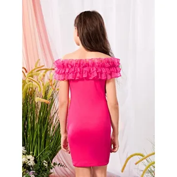 WDIRARA Girls Off Shoulder Ruffle Mini Dress Hot Pink
