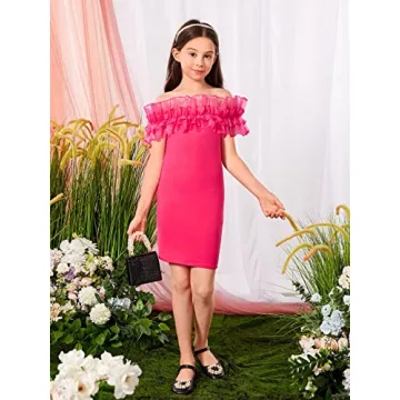 WDIRARA Girls Off Shoulder Ruffle Mini Dress Hot Pink