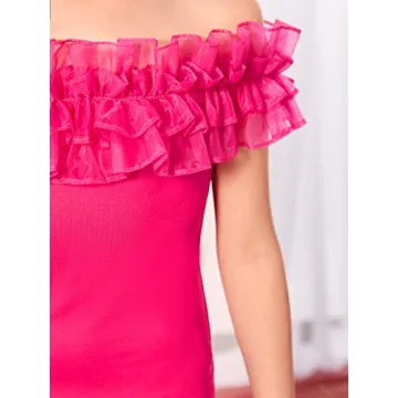 WDIRARA Girls Off Shoulder Ruffle Mini Dress Hot Pink