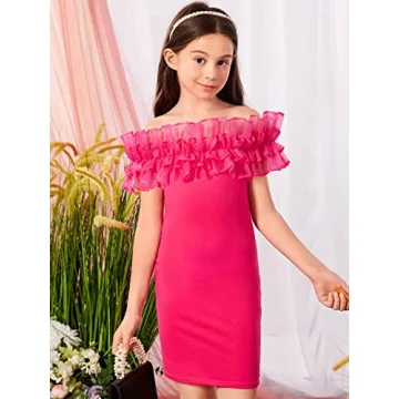 WDIRARA Girls Off Shoulder Ruffle Mini Dress Hot Pink
