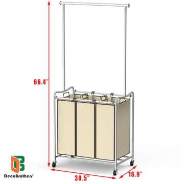 DecoBrothers 3-Bag Extendable Laundry Sorter Cart with Hanging Bar