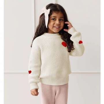 BOUTIKOME Valentines Day Sweater Toddler Baby Girl Boy Heart Shirts Embroidery Knit Tops Spring Clothes Warm Winter Pullover(White,3T)