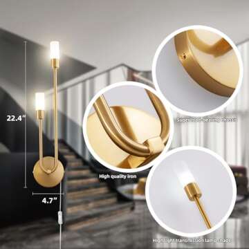 Fang Yan Mei Plug in Wall Sconce,Modern LED Gold Wall Fixture Vanity Light Fixture with Glass Shade, mid-Century Wall Light Modern Gold Wall Sconce for Bathroom, Living Room，22.4inch（Left-Short）