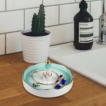Boveker Ring Holder for Jewelry, Ceramic Jewelry Dish Tray, Ring Trinket Dish for Rings Earrings Bracelet Keys, Engagement Wedding Birthday Mother's Day Christmas Gifts for Women Green