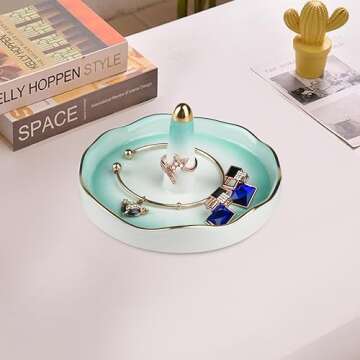 Boveker Ring Holder for Jewelry, Ceramic Jewelry Dish Tray, Ring Trinket Dish for Rings Earrings Bracelet Keys, Engagement Wedding Birthday Mother's Day Christmas Gifts for Women Green