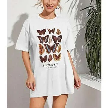 Meladyan Women’s Oversize Graphic Printed Loose Tee Short Sleeve Round Neck Loose Tshirt Tops White