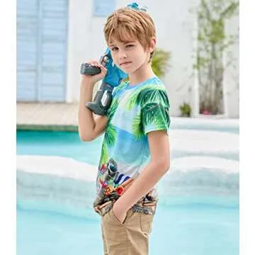 RAISEVERN Boys Girls T-Shirts Hawaiian Kids 3D Short Sleeve Tees Children Summer Sea Island Sloth Shirt Crewneck Novelty Graphic Outfits Tops for School Sport Playwear Size 6 8T