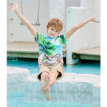 RAISEVERN Boys Girls T-Shirts Hawaiian Kids 3D Short Sleeve Tees Children Summer Sea Island Sloth Shirt Crewneck Novelty Graphic Outfits Tops for School Sport Playwear Size 6 8T