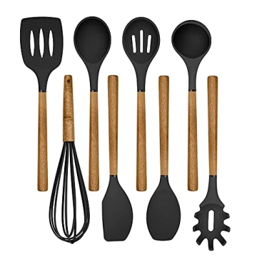 Country Kitchen Non Stick Silicone Utensil Set with Rounded Wood Handles for Cooking and Baking, 8 P...