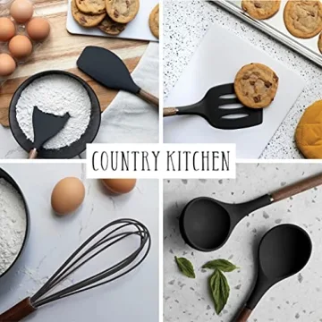 Country Kitchen Silicone Utensil Set with Wood Handles