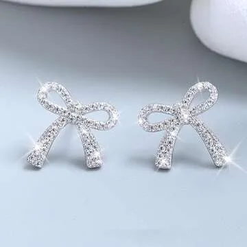 Silver Bow Earrings for Women Trendy Sparkly Rhinestone Chain Tassel Earrings Bow Pearl Dangle Earrings Prom Wedding Party Dress Jewerly Gifts