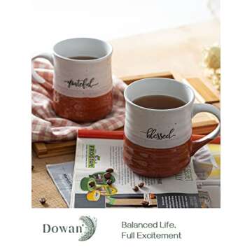 DOWAN 20 oz Large Coffee Mugs, Ceramic Mug Set with Word Blessed Grateful, Big Tea Cup for Office & ...