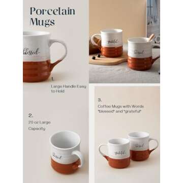 DOWAN 20 oz Large Coffee Mugs, Ceramic Mug Set with Word Blessed Grateful, Big Tea Cup for Office & Home, Thank You Gift for Women Men Mom Dad Christian, 2 Pcs