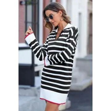 Dokotoo Dresses for Women 2024 Women's Striped Long Sleeve Dress V Neck Collared Casual Mini Dresses Winter Clothes for Women Black Large