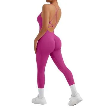 MOOSLOVER Women Strappy Backless One Piece Jumpsuits Tummy Control Padded Workout Rompers(L,#3 Hot Pink-014)