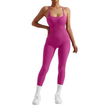 MOOSLOVER Women Strappy Backless One Piece Jumpsuits Tummy Control Padded Workout Rompers(L,#3 Hot Pink-014)