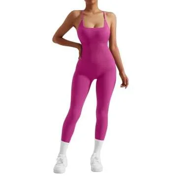 MOOSLOVER Women Strappy Backless One Piece Jumpsuits Tummy Control Padded Workout Rompers(L,#3 Hot Pink-014)
