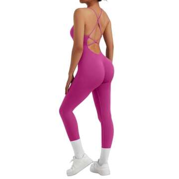 MOOSLOVER Women Strappy Backless One Piece Jumpsuits Tummy Control Padded Workout Rompers(L,#3 Hot Pink-014)