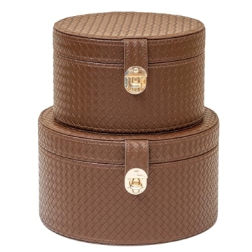 ELPMD Large Leather Decorative Boxes Set of 2 - Stylish Round Hat Storage Bins