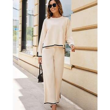 Tanming Women's 2 Piece Outfits Long Sleeve Knit Sweater Top Wide Leg Pants Lounge Sets Tracksuits (Apricot-XL)