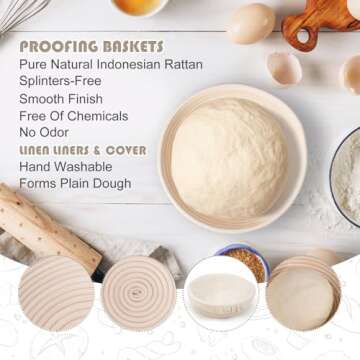 CODOGOY Large Banneton Proofing Basket SET, 9 Inch Round & 10 Inch Oval Natural Handmade Rattan Sourdough Baskets with Food Thermometer Dough Scraper Dough Whisk Oil Brush Baking Stencil Bread Lame