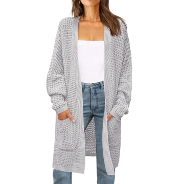 ZESICA Women's Fall Long Batwing Sleeve Open Front Chunky Knit Cardigan Sweater in B&LightGrey